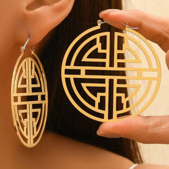 18K Gold Womens Large Geometric Hoop Earrings Ladies New 18 Karat Silver Jewelry
